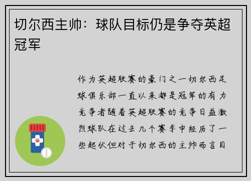 切尔西主帅：球队目标仍是争夺英超冠军